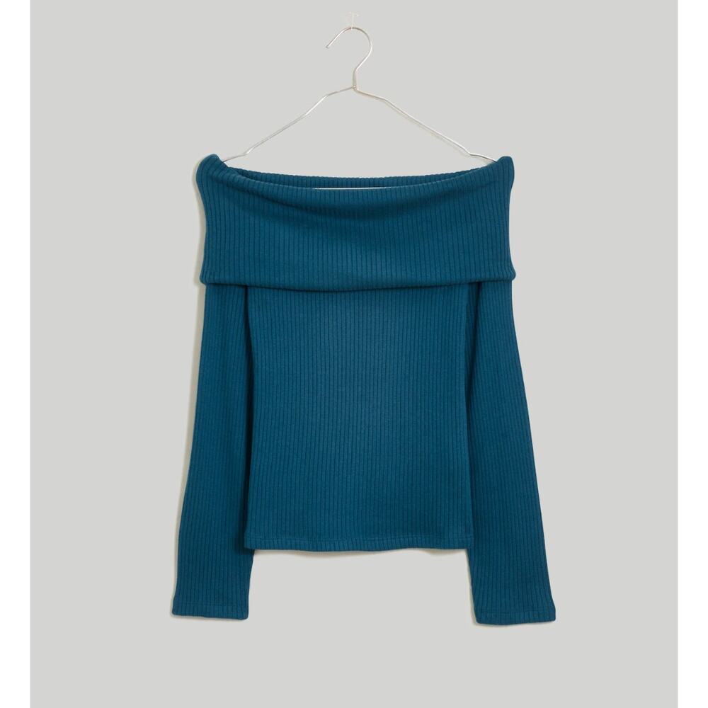 Madewell Off Shoulder Long Sleeve Ribbed Knit Top Mineral Blue Slim Small NWT